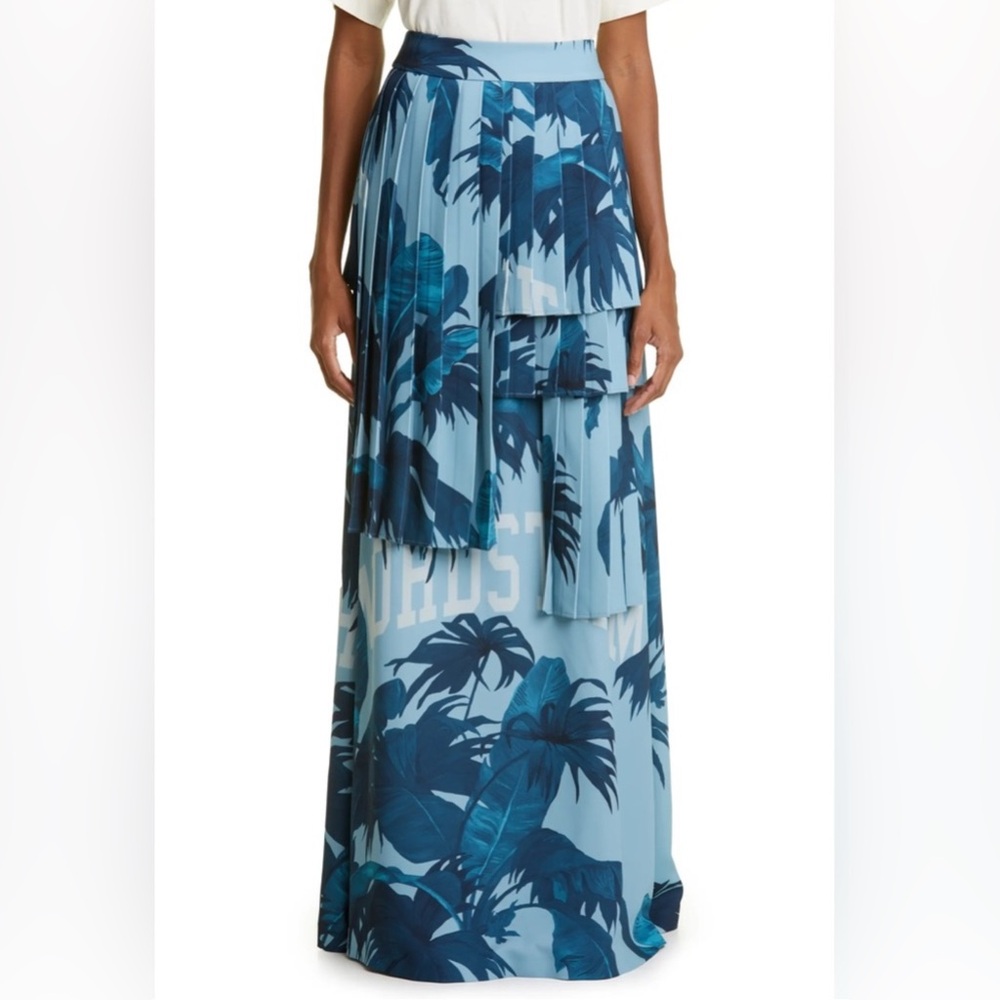 Off-White x Nordstrom Jungle Print Pleated Maxi Skirt Sz 36 Blue Palm